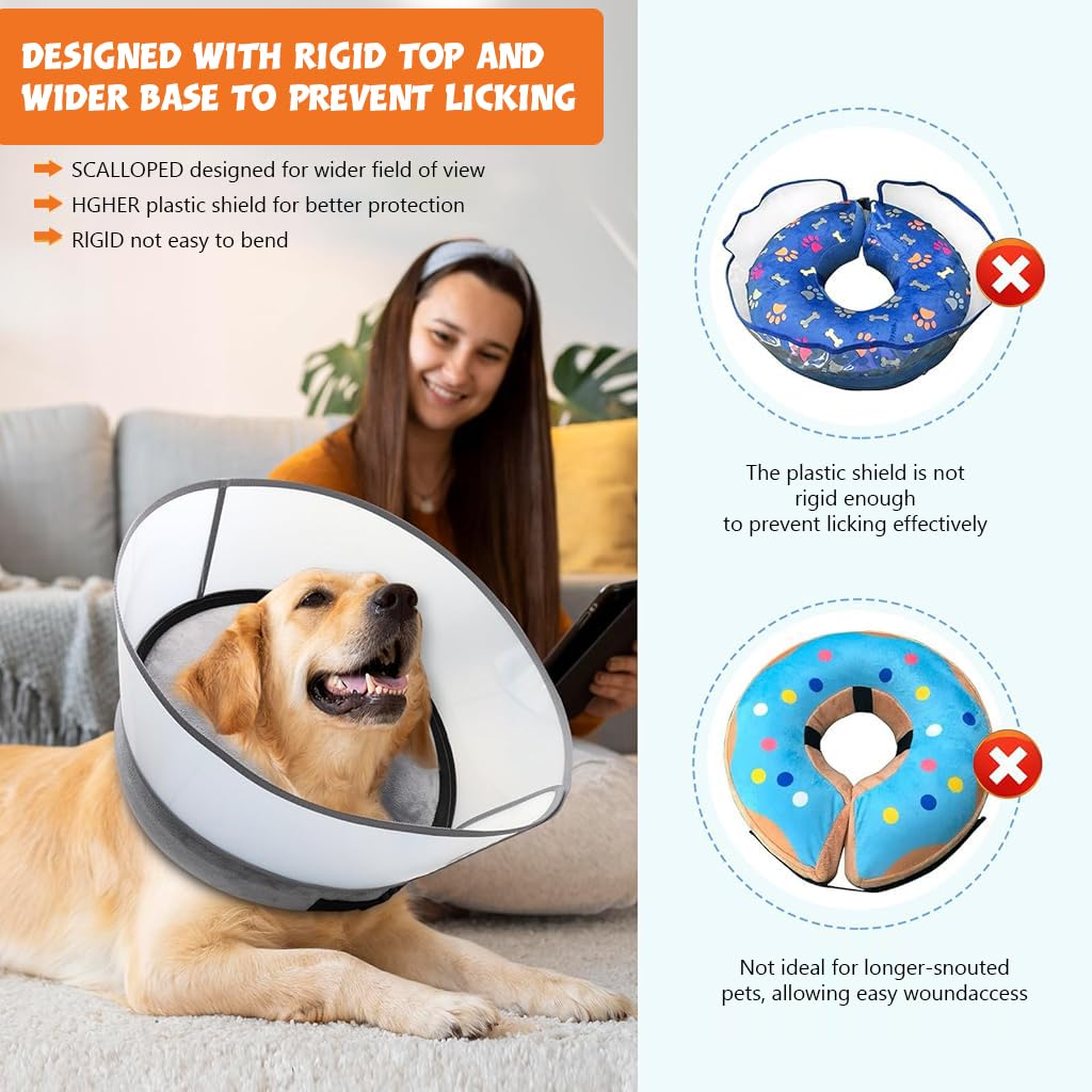 Qpets Dog Cone Collar, Inflatable Cushion Pillow Cone Collar for Dog Adjustable Hook and Loop Closure, After Surgery Dog Recovery Cone Collar Protective Collar for Dogs Cats - XL