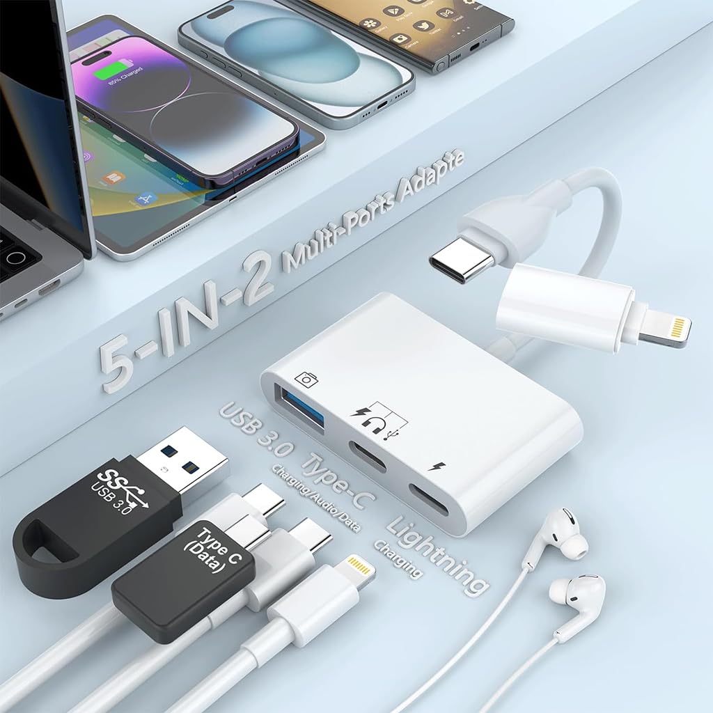 ZORBES USB Hub for iPhone 5 in 1 USB 3.0 Hub USB C Hub with Light-ning Converter USB C Hub USB C to USB C Light-ning to USB C Multifunction Card Reader Support PD60W Fast Charging