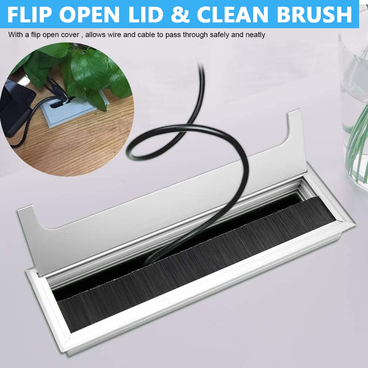 HASTHIP Rectangular Wire Cable Hole Cover with Dust-Proof Brush, Aluminum Metal Cable Organizer, Wire Manager for Table, Desk Hole Cap for Office and Computer Desks (280mm*80mm, Silver)