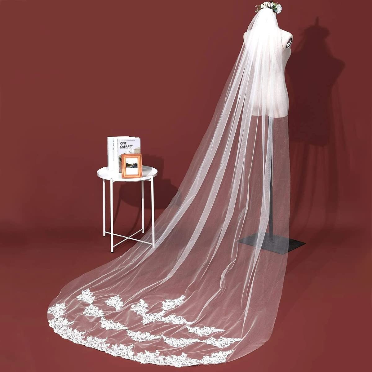 PALAY Bridal Veil 3m Wedding Veil for Bride White Lace Edge Long Cathedral Veil 1 Tier Drop Veil Bridal Tulle Hair Accessories