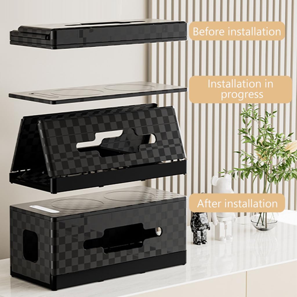 HASTHIP Electric Cable Management Box with Wireless Charging Pad, Mosquito Repellent Lamp, Power Strip Organizer, Modern Desk Solution for Neat and Decluttered Spaces, 32x14.5x13.5cm