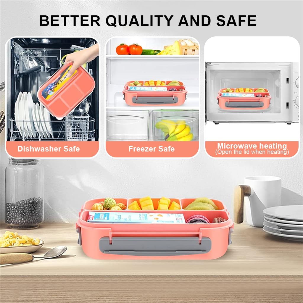 Supvox Lunch Box for Kids School Bento Box for Kids 4 Compartments Bento Box Fruit Box for Kids to School, with 6 Cups, Kids Fruit Picks, Mini Sauce Box, School Lunch Box for Kids, Pink