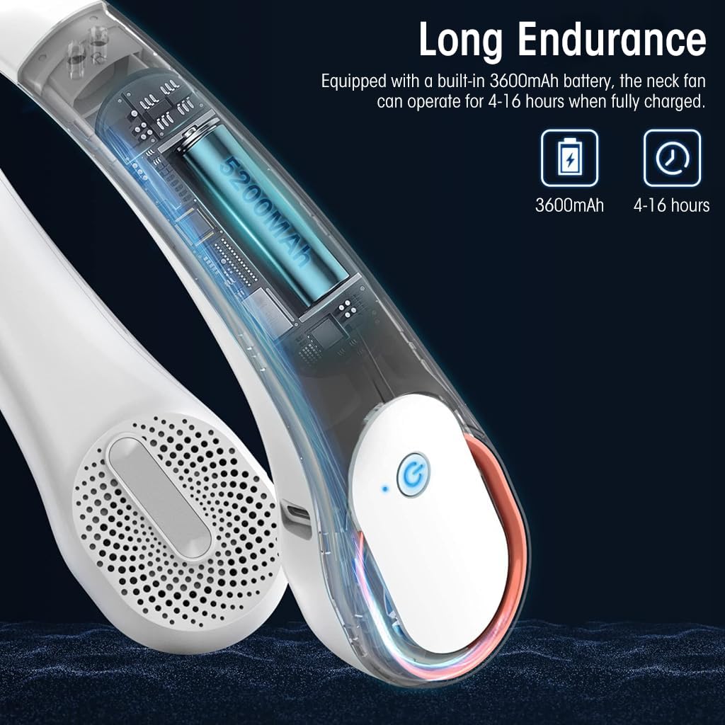HASTHIP Portable Neck Fan - Quiet 360° Air Flow Mini Neck Fan, 3600mAh Rechargeable USB Neck Fan with 3-Speed, Adjustable Bladeless Neck Fan for Travel, Walking, Commuting, Indoor Use (White)