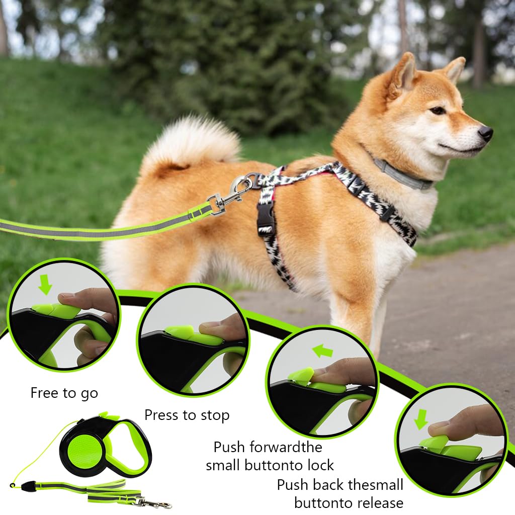 Qpets 16.4 Reflective Dog Leash Auto Retractable Dog Leash Retractable Dog Leash with 360 Degree Swivel Quick Release Buckle, No Pull Safety Reflective Dog Leash