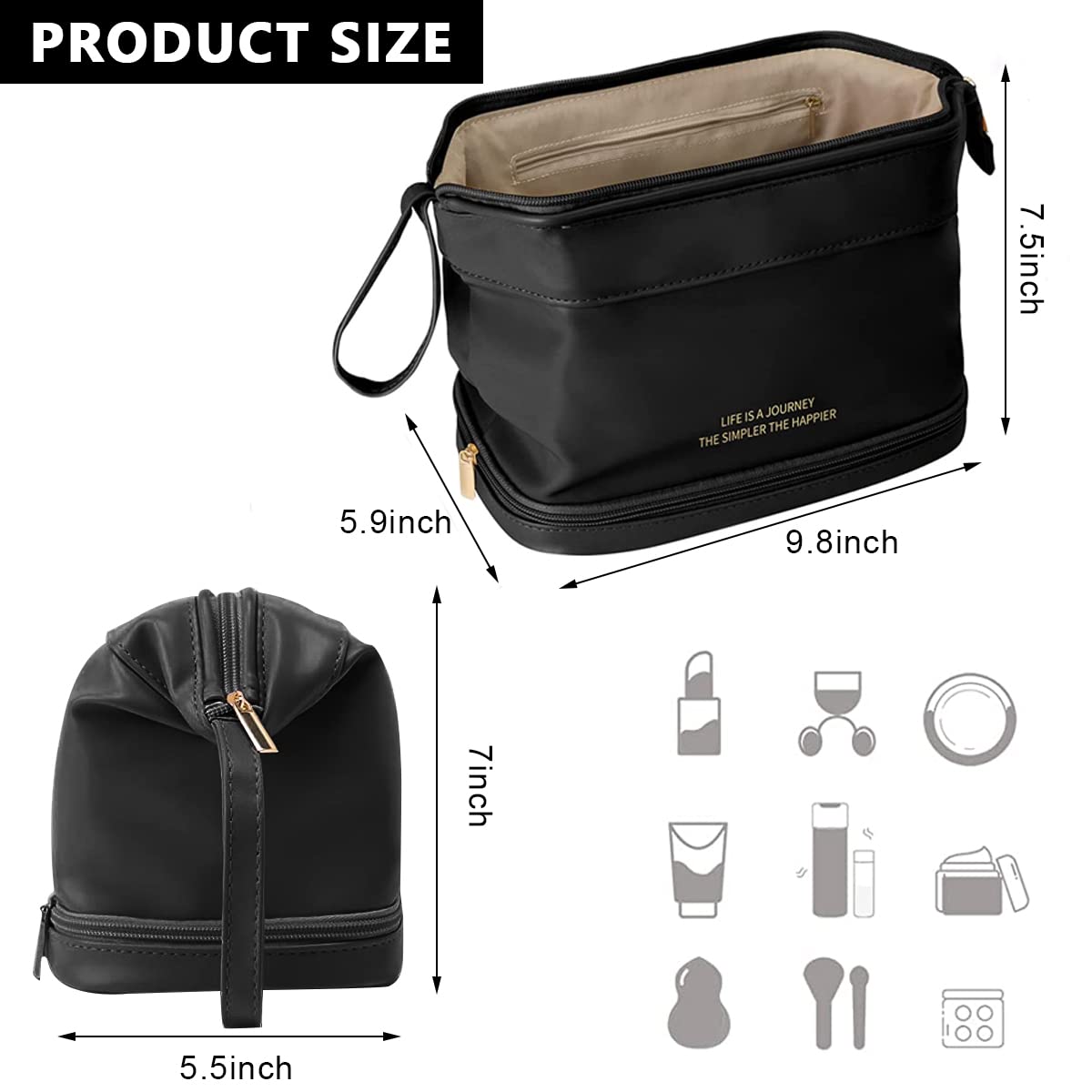 MAYCREATE Large Capacity Cosmetic Bag, Women's Makeup Travel Bag Portable Leather Cosmetics Bag with Handle, Double Layer Portable Zipper Toiletry Bag for Travel Makeup Organizer, Black