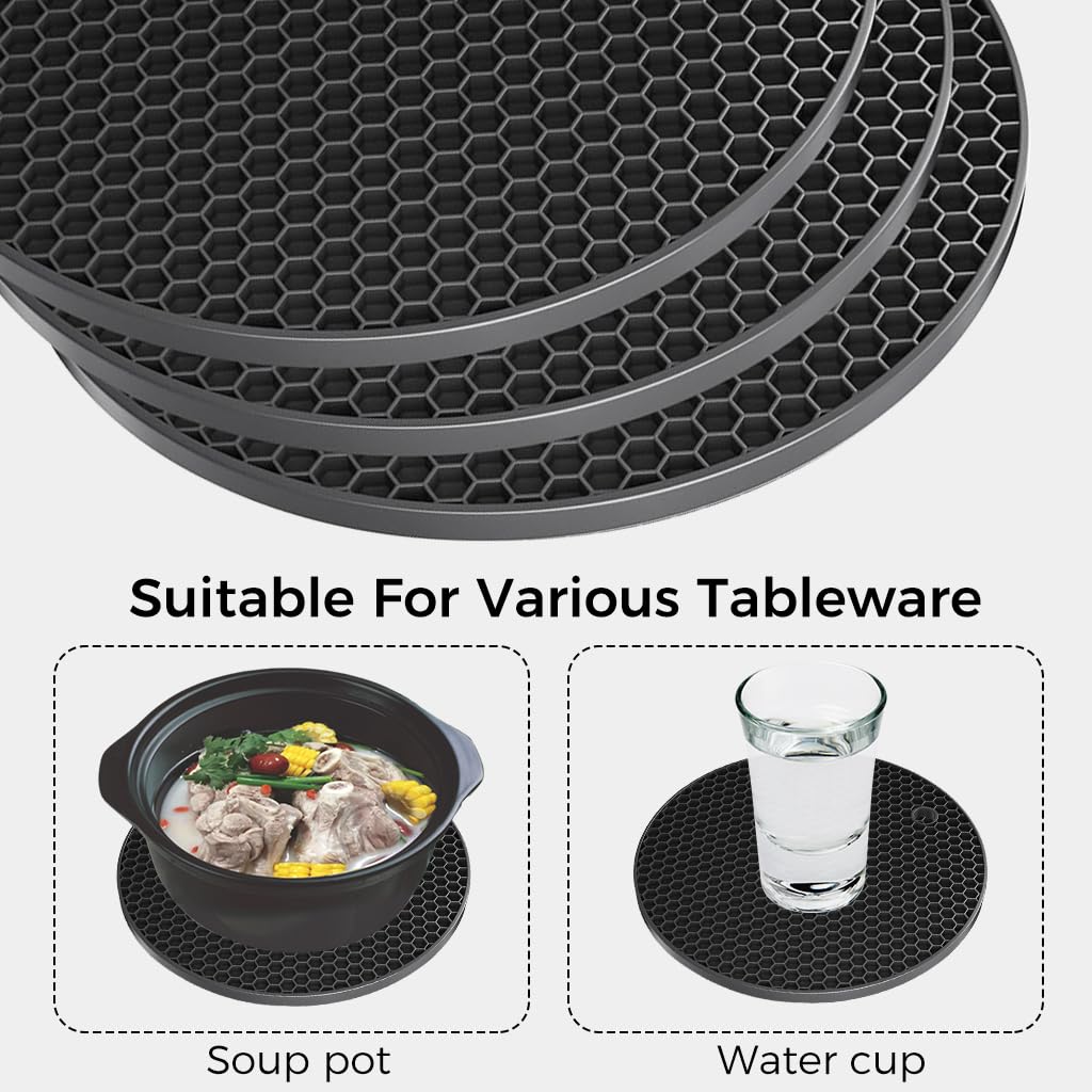 ZIBUYU Trivet Mats for Kitchen Round Silicone Trivets for Dining Table Surface Protector Honeycomb Design Round Silicone Coaster for Hot Utensils, Cup, Hot Plate Mats for Kitchen (7 inch), Black - 3
