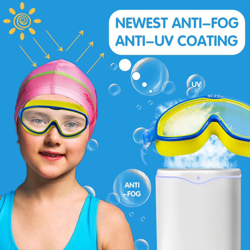 Proberos Kids Leakproof Anti-Fog Yellow Swimming Goggles With Integrated Ear Plugs - UV Protection Comfortable Fit Adjustable Strap for Boys & Girls Aged 3-16 - HD Clear Vision Swim Eyewear