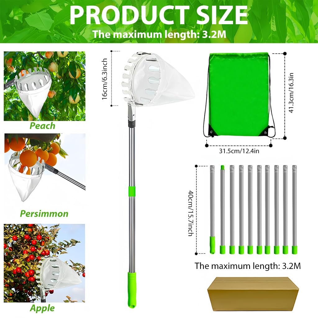 HASTHIP Extendable Mango Plucker Tool - 10.5ft Fruit Plucker with Adjustable Pole - Alloy Material Telescopic Pole - Equipped With Net & Pole - Tree Fruit Plucker Stick - Easy To Use Fruits Catcher