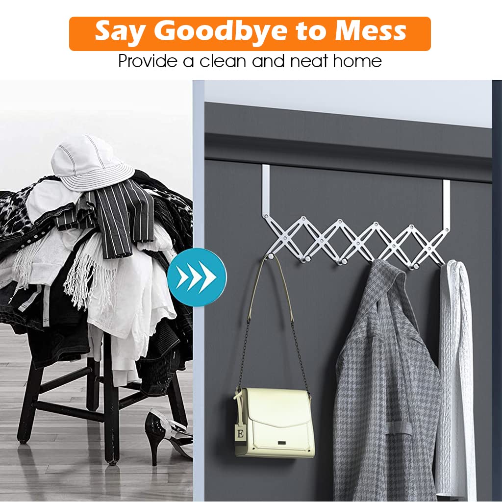 ZIBUYU Door Hook Hanger Stainless Steel Back Over Door Hanger for Clothes Rustproof Nail & Drill Free Multi-Purpose Hanger Door Hook with 6 Hooks Space Saving Foldable Door Hanger