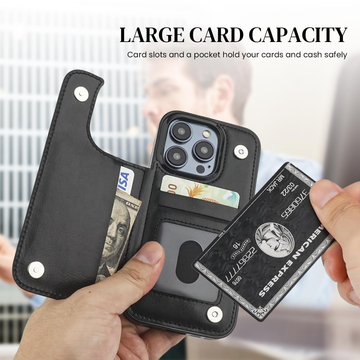 ZORBES Leather Phone Case for iPhone 15 Pro Max Stylish PU Phone Case with 4 Card Slots 2 in 1 Leather Phone Case for iPhone 15 Pro Max Snap Button Flip-Open Leather Wallet Phone Case Black