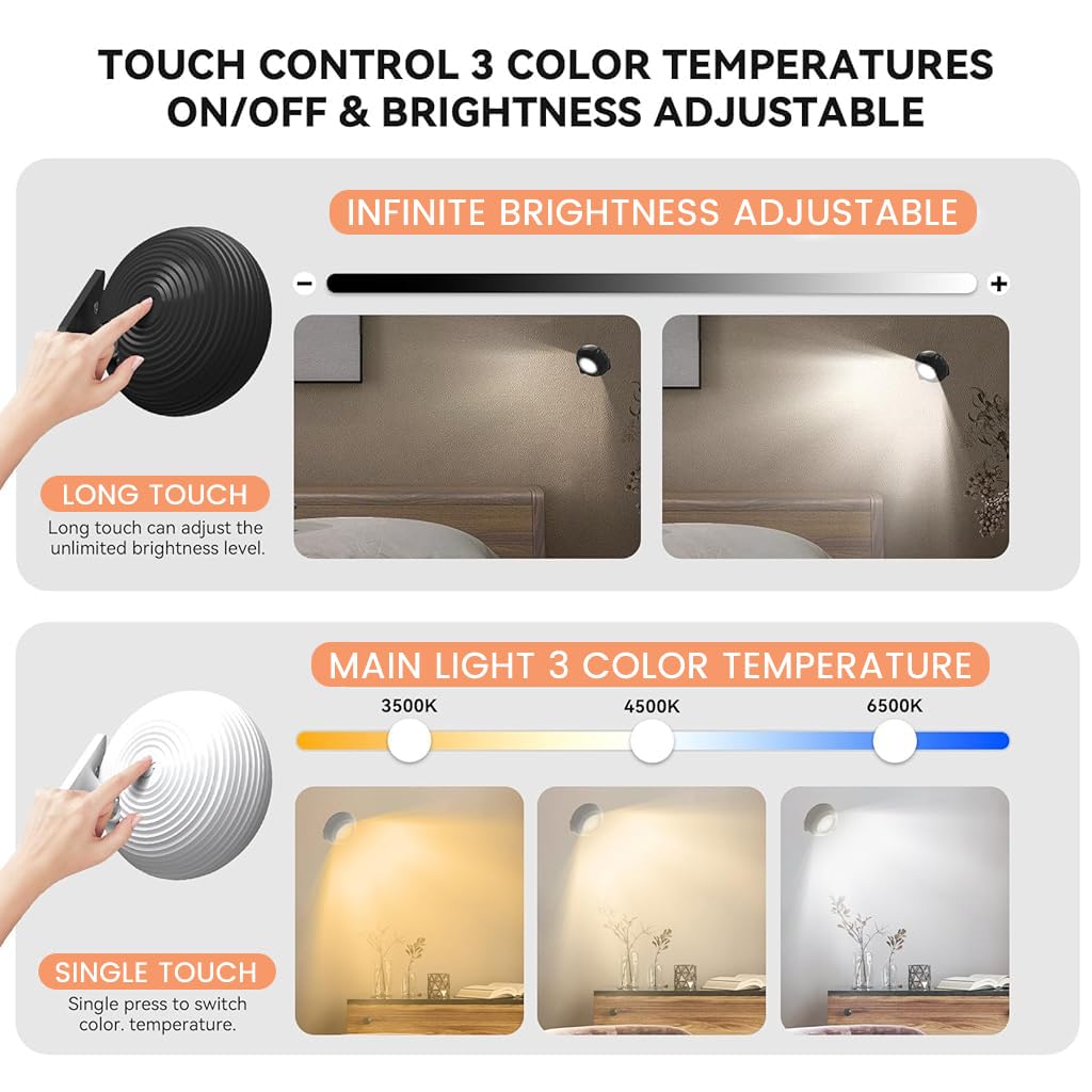 ELEPHANTBOAT Mini USB LED Wall Light 3 Color LED Bedside Reading Light Detachable Magnetic LED Wall Light with Touch Button Control 2000mAh Rechargeable Wall Light Reading Light Night Light