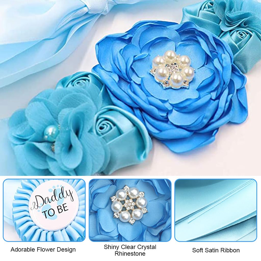 PALAY Mom to Be Flower Sash Set - Baby Shower Daddy to Be Corsage Pin - Flower Belt for Maternity Dress - Pregnancy Photo Props Supplies-Blue