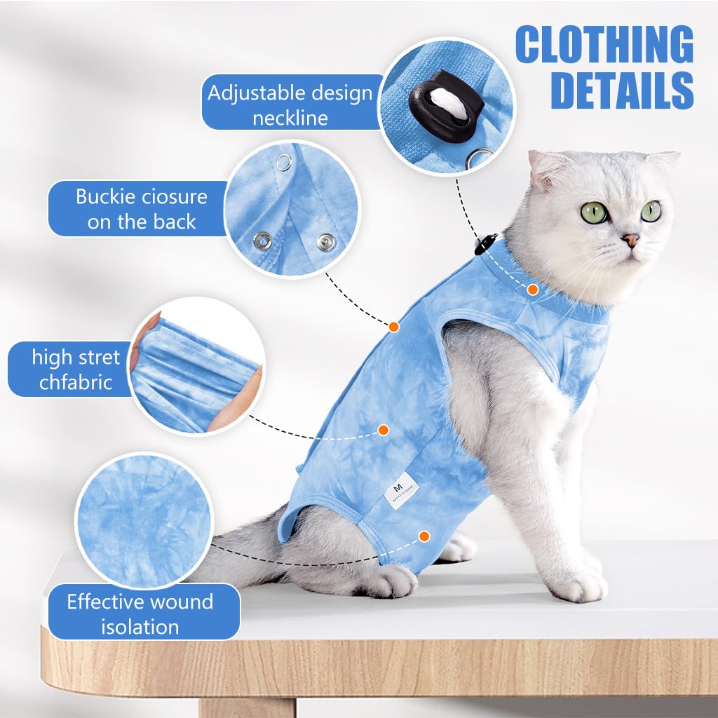 Qpets Cat Clothes, Kitten Clothes for Cats Recovery Suit After Surgery for Abdominal Wounds, Fashion Blue Tie-dye Cat Clothes for Summer Cat Everyday Clothing Sterlization Suit (M, Blue)