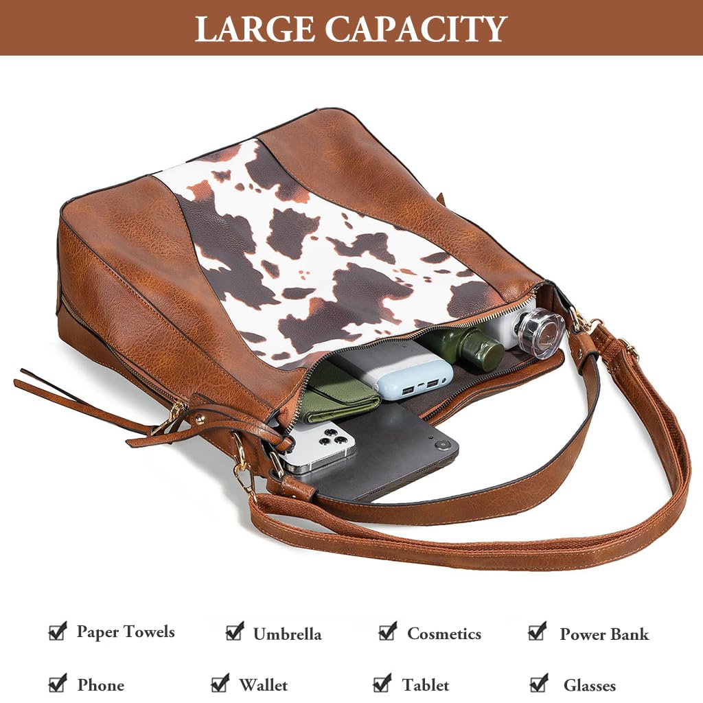 PALAY Fashion Shoulder Bag Tote Bag Women Crossbody Bag Hand Bag Vintage Spot Print Patch Tote Bag Brown Soft PU Leather Shoulder Bag Large Casual Bag Day Bag Travel Shoulder Bag, 31x13x29cm