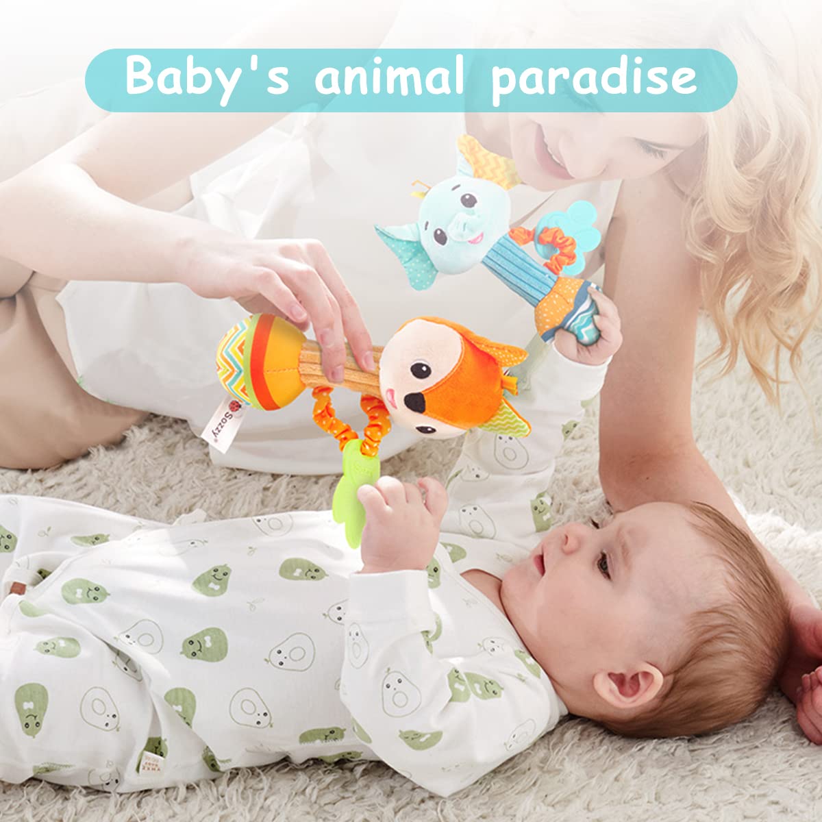 PATPAT Rattles for 6 to 12 Months with Teether, Baby Stuffed Toys Elephant Rattle with Elastic Hand Rope, Sensory Toys for Kids, Soft Toys for Babies Cartoon Animal for Toddler, New Born Baby Gifts