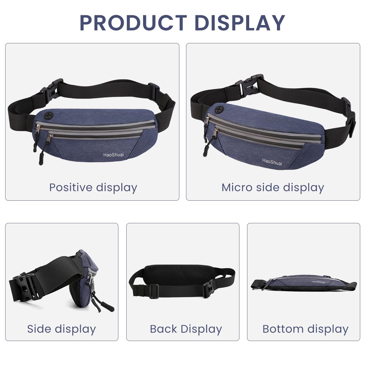 GUSTAVE Waist Bag for Men Women Sweatproof Side Bag Chest Bag, Outdoor Waist Pouch Fanny Pack with Adjustable Belt, Earphone Cable Hole Design for Outdoor Hiking, Running, Travel, Black, Blue