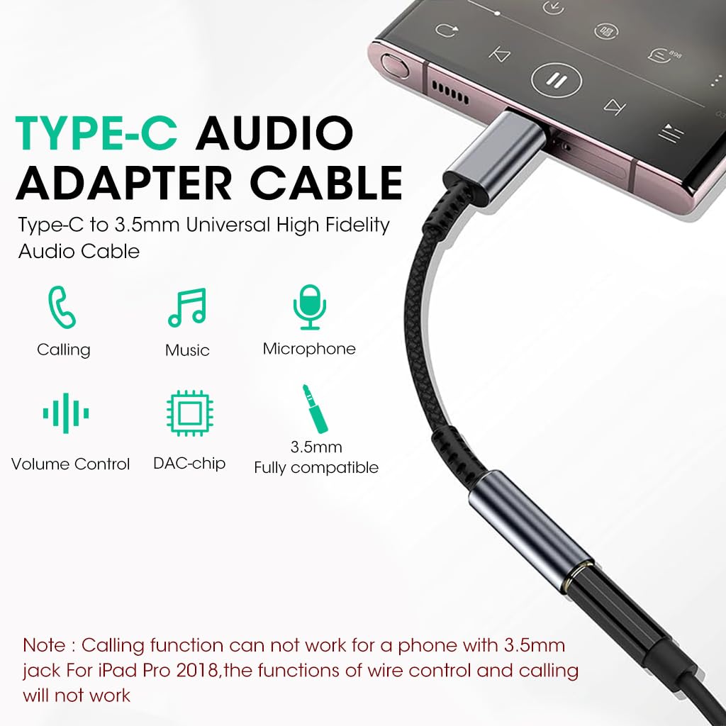 ZORBES USB Type C to 3.5 mm Audio Jack Adapter, Nylon Braided USB Sound Card USB C to 3.5mm Audio Cable, Universal HiFi Audio Cable for i-Phone Sum Galaxy S23 S23+ S23 Ultra, S22 S21 S20 Plus/Ultra, iPad Pro