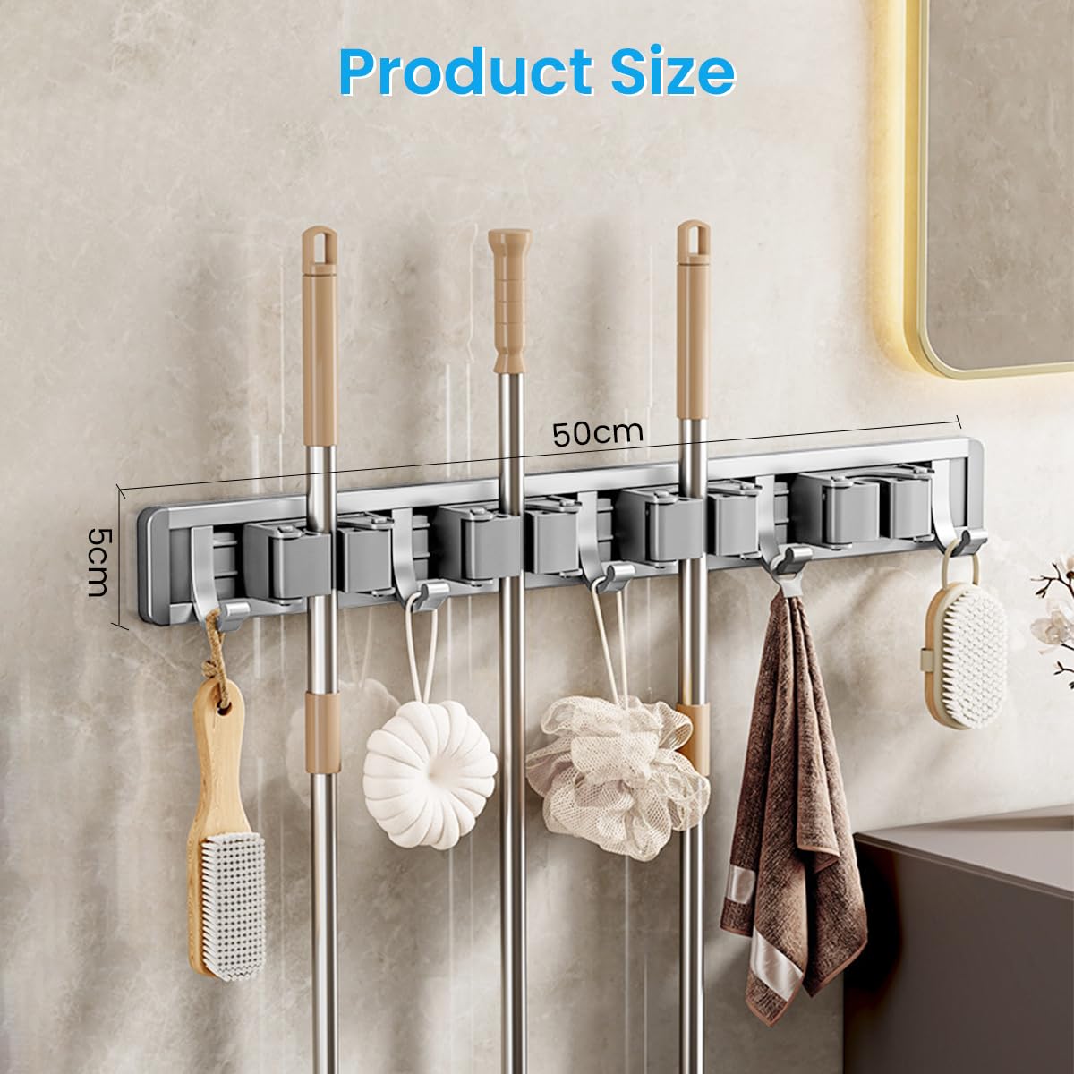HASTHIP Wall Mounting Mop Broom Holder 4 Slots & 5 Hooks Space Aluminum Broom Organizer Nail-Free Installation Mop Holder for Home, Office, Storage Rooms, Bathroom, Cleaning Room