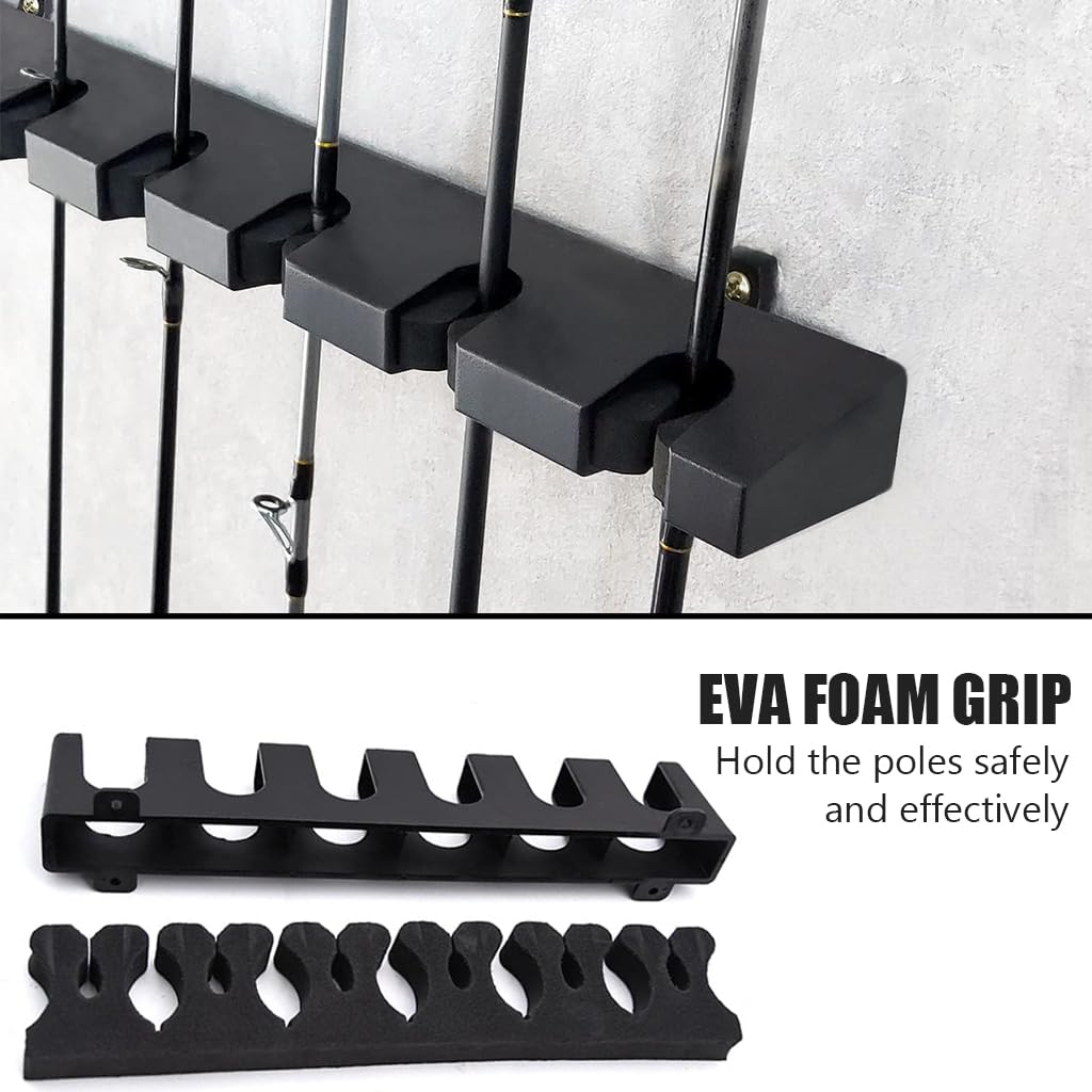 Proberos Wall Mounted Fishing Rod Holder EVA Foam Grips Universal Fishing Rod Holder with 6 Slots Deluxe Fishing Rod Rack for Casting Rod, Telescopic Rods
