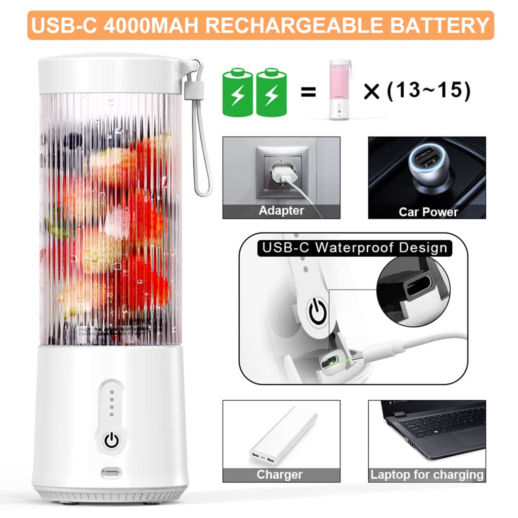 HASTHIP Portable Juicer Blender, 4000mAh USB Rechargeable Electric Juicer for Camp, Picnic and Travel, Fresh Juicer Cup with Stronger Motor, Household Fruit Mixer for Shakes & Juice, 450ML (White)