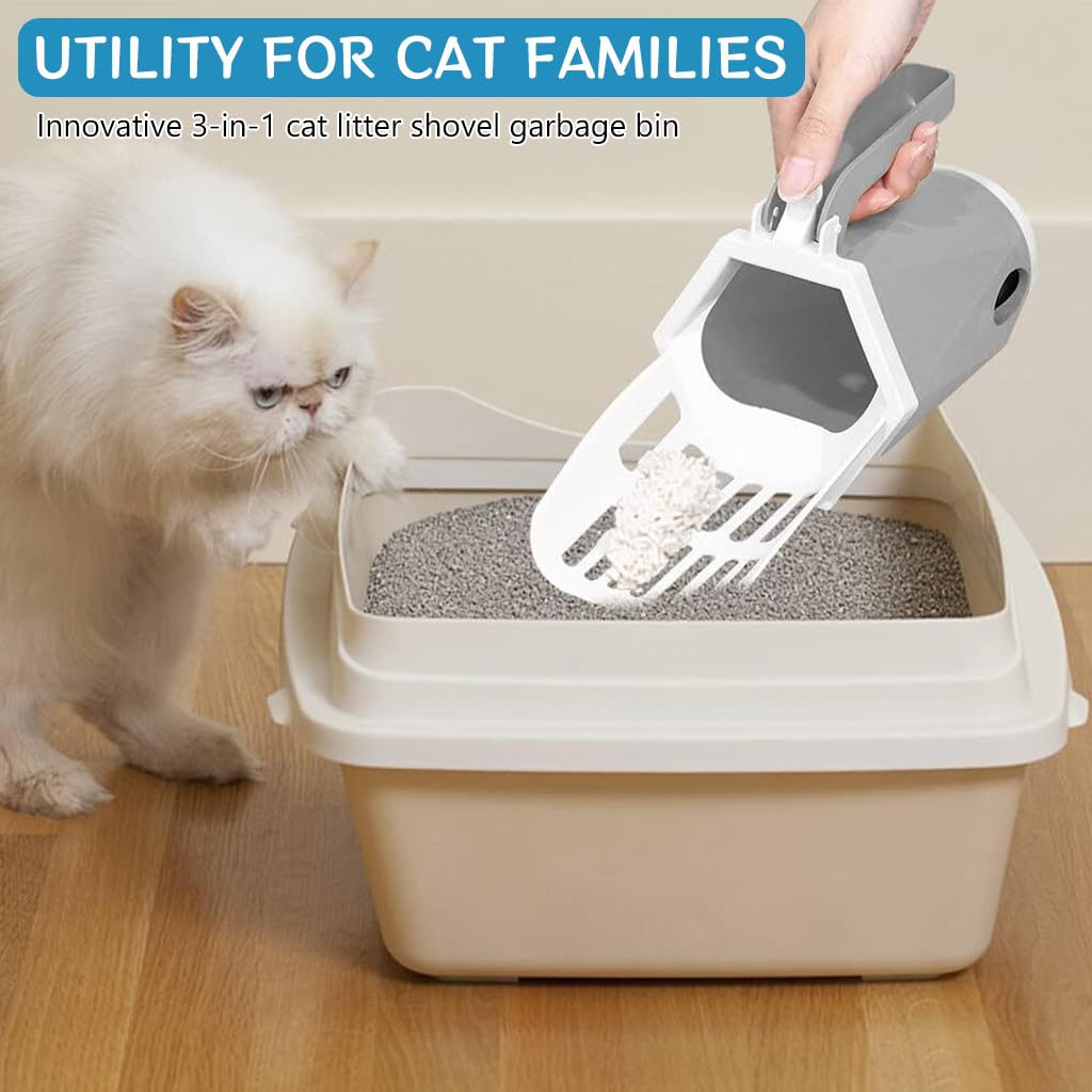 Qpets Cat Litter Shovel, 3 in 1 Cat Litter Waste Bin Shovel with Waste Bag Dispenser Plastic Cat Litter Shovel with Intergrated Waste Collection Bin & Waste Bag Storage Dispenser