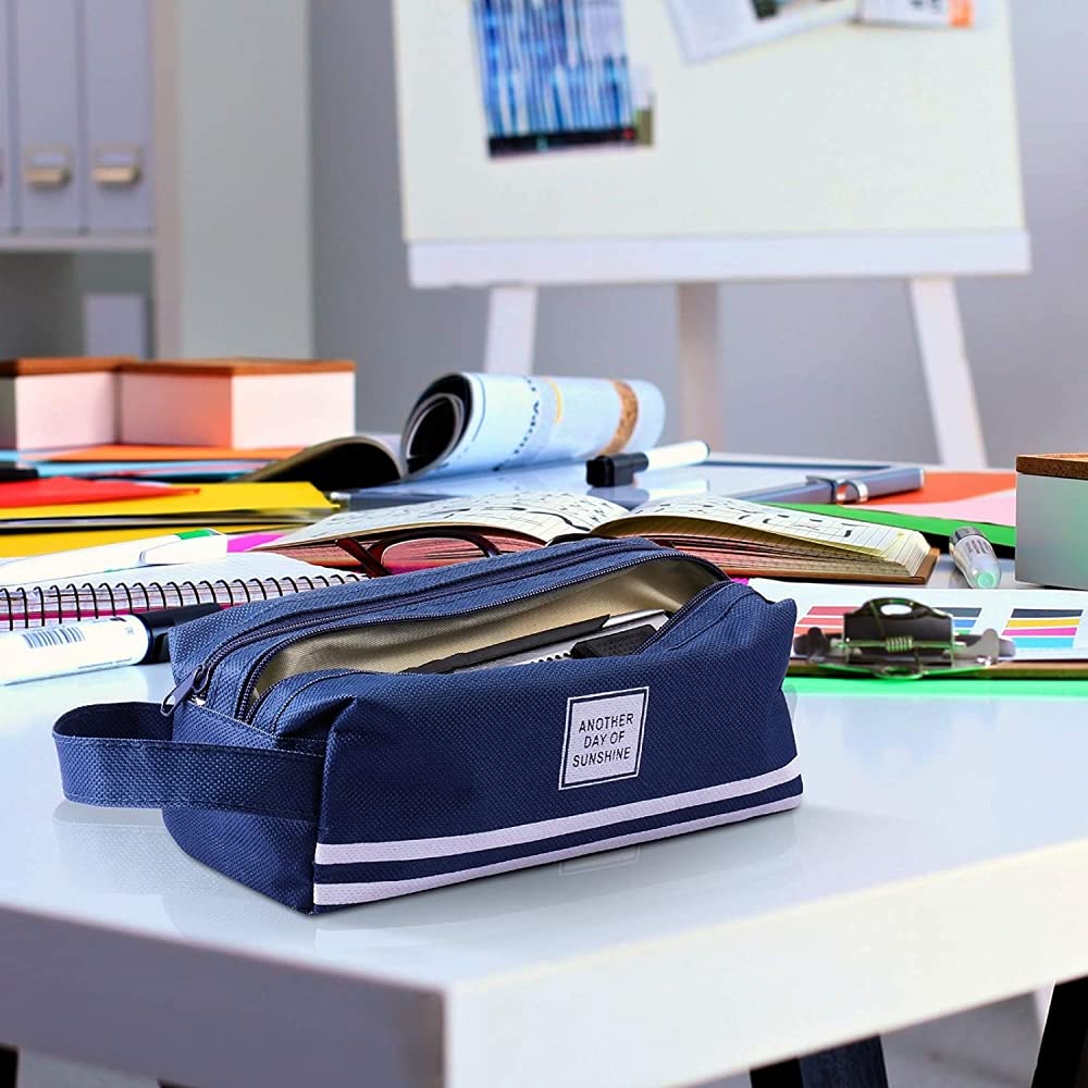 HASTHIP Large Pencil Pouch with Compartments Pencil Box for Girls Teenage Big Capacity Pen Case Stationery Storage Cosmetic Make up Bag Pouch (Dark Blue)