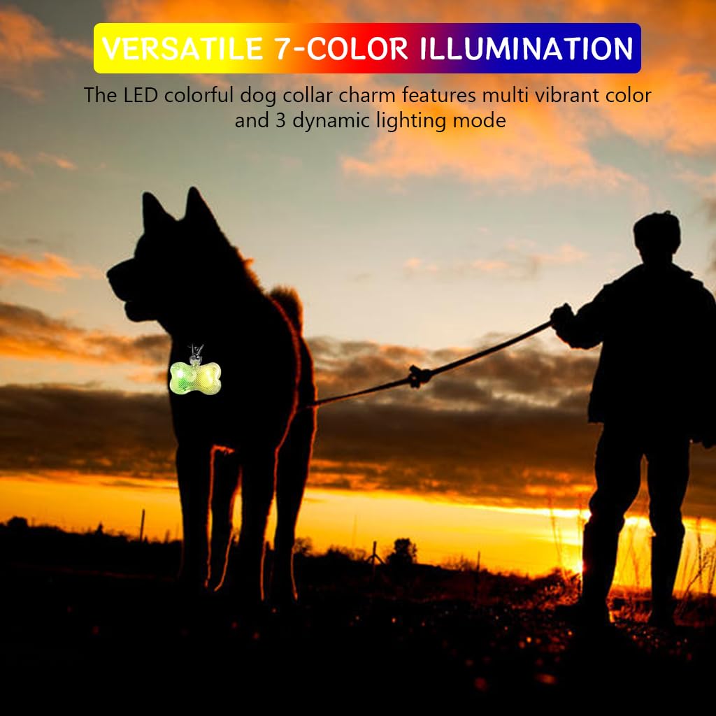 Qpets LED Colorful Dog Collar Charm 7-Color Bone-shaped Dog Collar Charm with Switch Waterproof Bone-shaped Key Chain Charm Bag Charms