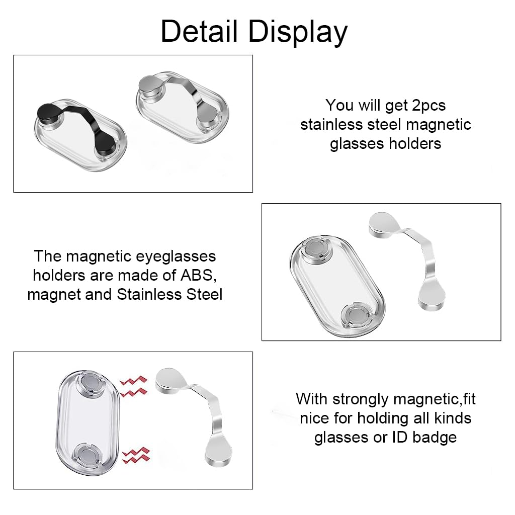 HASTHIP 2pcs Magnetic Eyeglass Holder, Glasses Specs Holder, Stainless Steel Name Tag Badge Sunglasses Holder Clip Magnet Hook, Pins onto Clothes to Keep Eyewear Safe (Black+Silver)