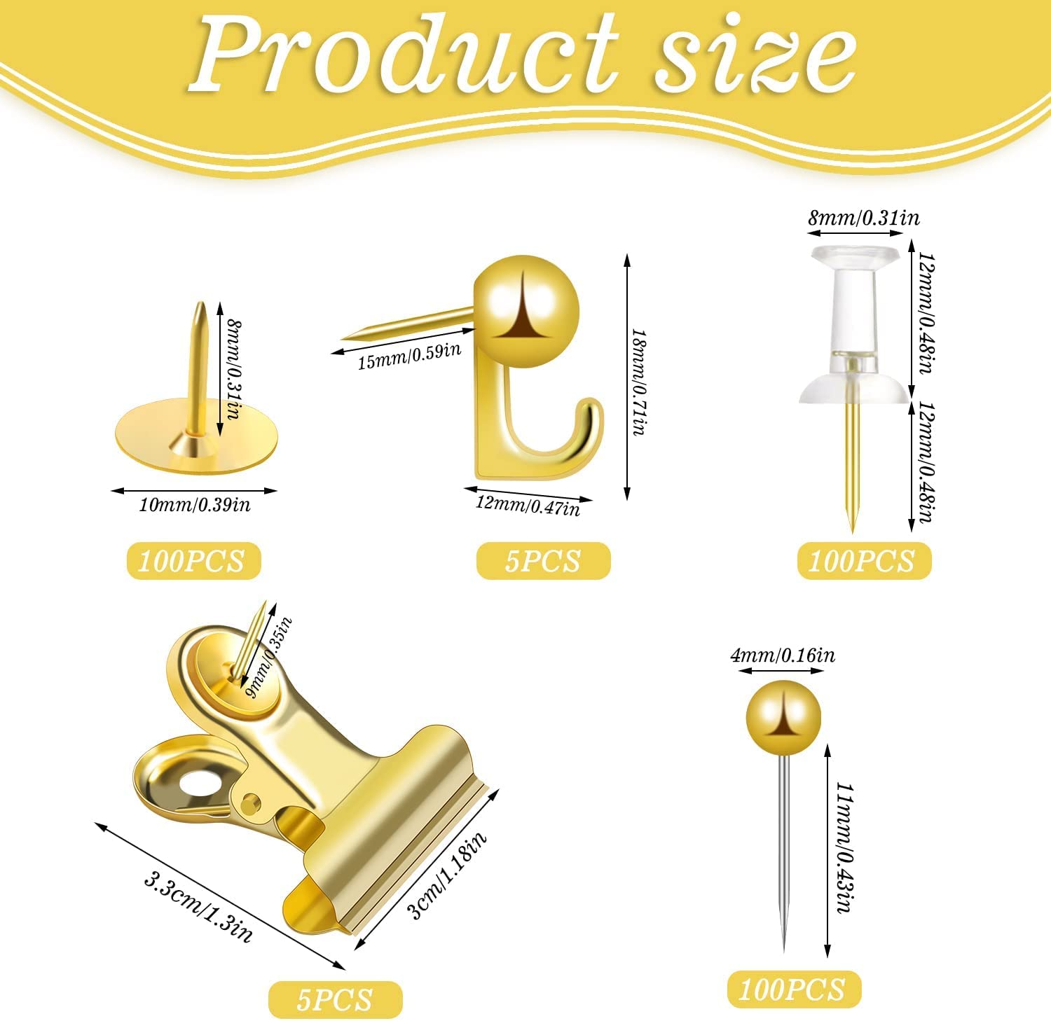 Climberty 310 Pcs Gold Board Pins Set, Gold Thumb Tacks Decorative Push Pins for Cork Board with Push Pin Hook Pushpin Clip 5 Style Gold Office Accessories for Cork Board Map Office