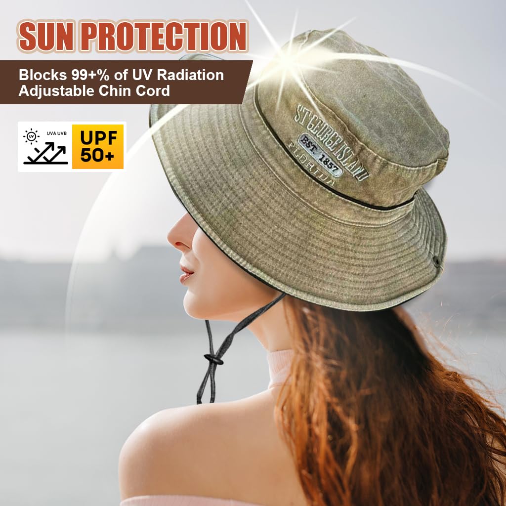 PALAY Bucket Hat for Women Summer Sun Hats for Women Men, Fashion Wide Brim Bucket Hats with Adjustable Windproof Chin Strap, Cotton Women Hat for Hiking, Fishing, Camping Khaki