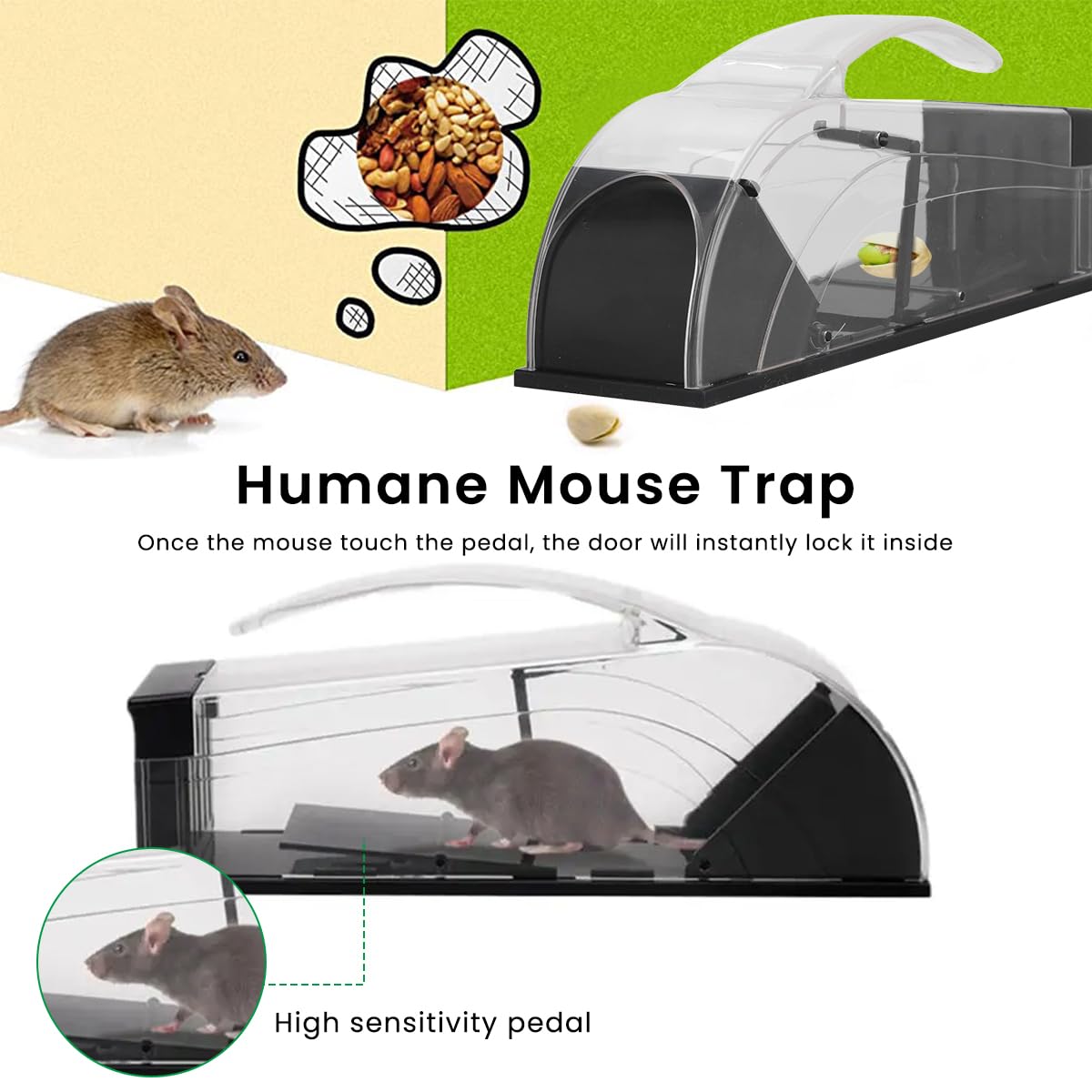 HASTHIP Mouse Trap with Handle 12.6 Inches Quick Responce Mouse Trap, Humane No Kill The Mice, Easy to Set Up, Mouse Catcher, Reusable and Safe for Families