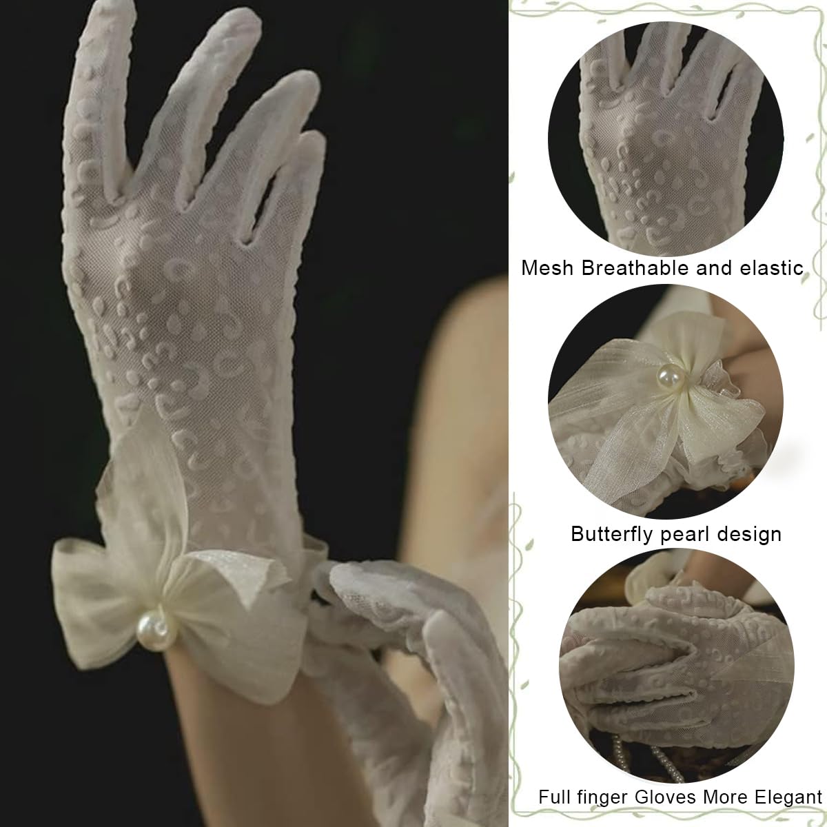 PALAY Wedding Gloves for Bride White Lace Gloves for Women Hand Gloves for Girls White Net Gloves, Elegant Bridal Tulle Gloves Flower Banquet Bowknot Pearl Cuffs White Bridal Wedding Diwali Halloween