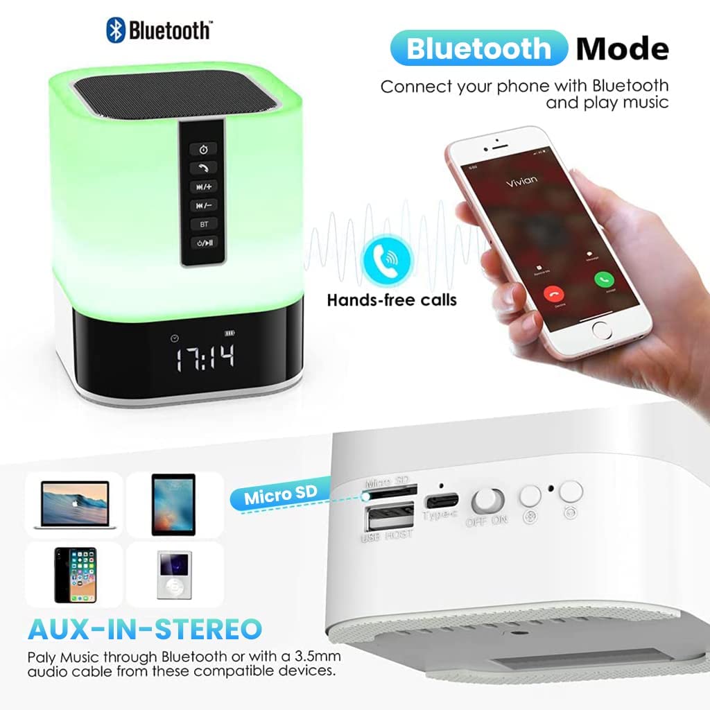 HASTHIP Night Light Bluetooth Speaker, Wireless Light Touch Light, Alarm Clock Bluetooth Speaker Touch Control Bedside Lamp with White Noise, Support Remote Control, TF Card, U Disk, Brightness Adjusting