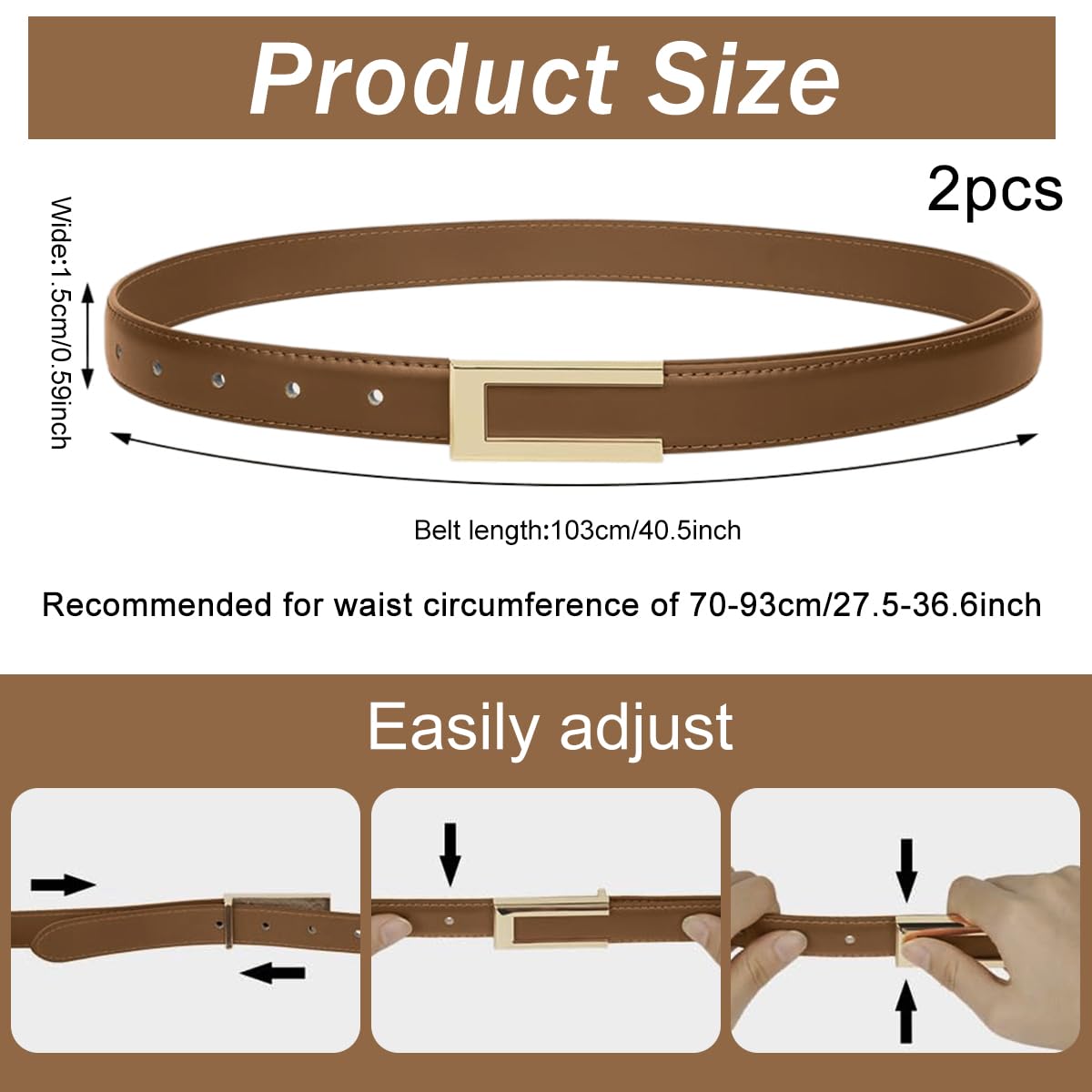 PALAY 2Pcs Women Belts For Jeans Dresses Pants Ladies Leather Waist Belt with Gold Buckle