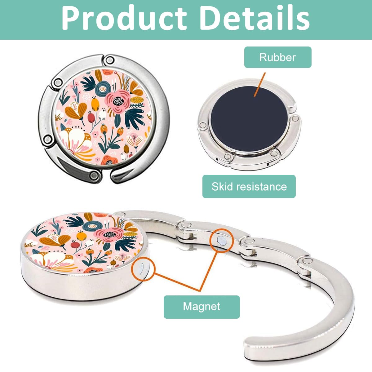 HASTHIP 3Pcs Desk Bag Hanger Pretty Floral Design Metal Bag Hanger Portable Folding Bag Ring Hanger for Table, Office Desk Aluminum Alloy Removable Hooks for Bags, Handbag, Backpack