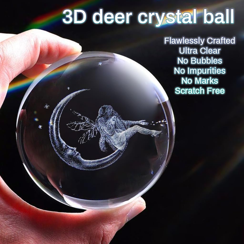 HASTHIP 8cm/3.15inch 3D Moon & Fairy Crystal Ball, Glass Sphere Laser Engraved Ball with Sliver-Plated Flowering Stand, Christmas Home Decor Desk Ornament Birthday Gift Festival Gift