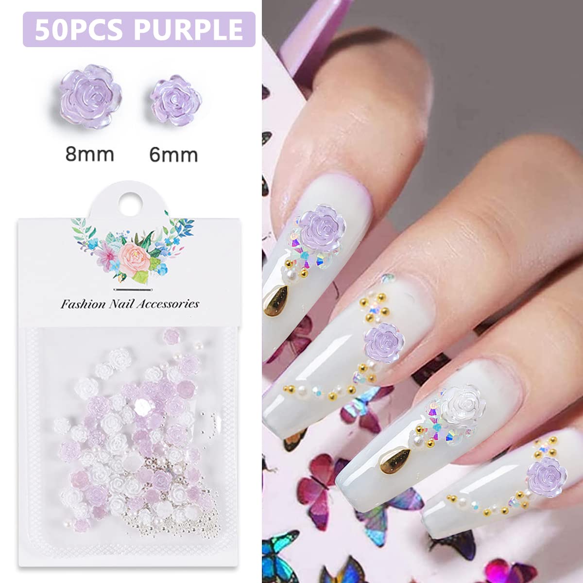 MAYCREATE 200pcs 3D Flower Nail Charms Flat Design, Acrylic Flower Decals for Nail Art, Mix Pearls Nail Art Accessories for DIY Manicure, Set of 4