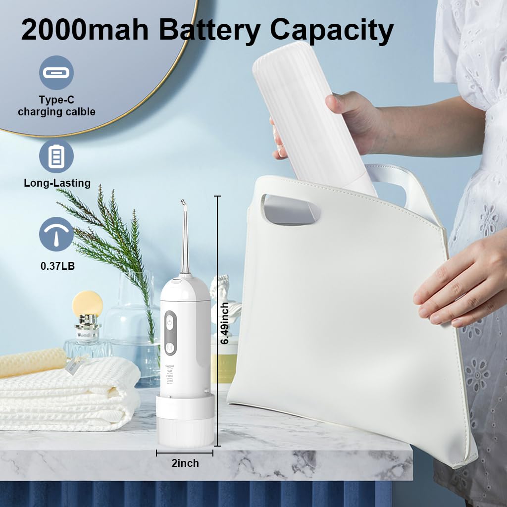 HANNEA Dental Flosser for Teeth Cleaner, Cordless Water Oral Irrigator 4 Cleaning Mode with 5 Jet Tips Water Dental Floss IPX7 Powerful battery for Teeth Cleaning Braces, Home, Travel