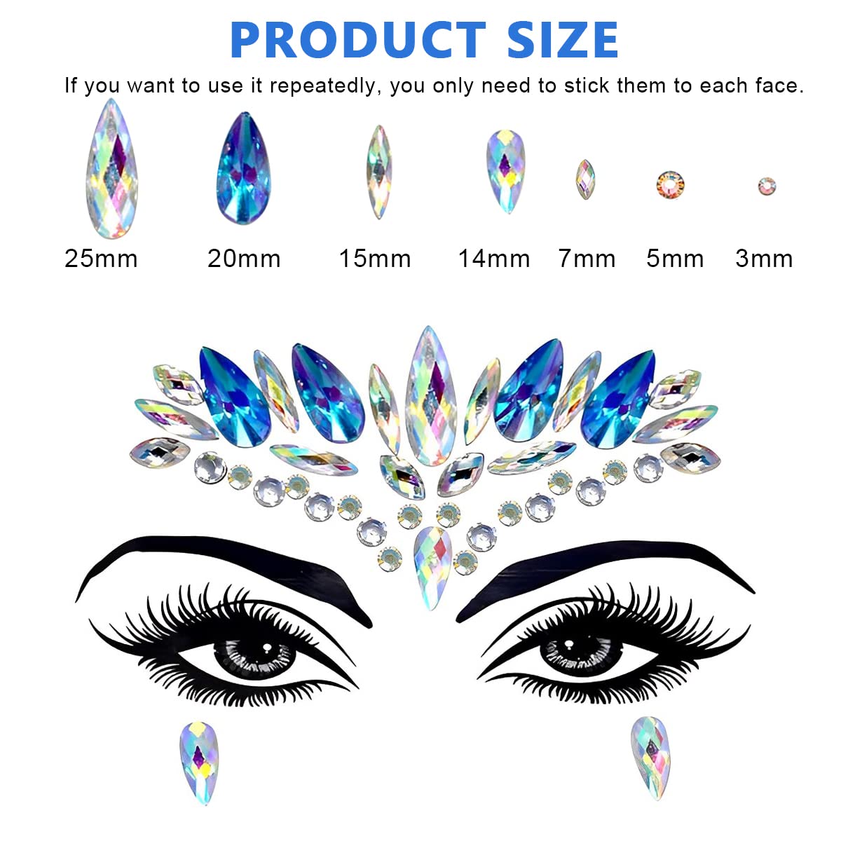 MAYCREATE Face Gems Rhinestone Face Decoration Jewelry Stickers For Women Girls, Mermaid's Tears Makeup Stickers Artist Temporary Eyes Decor Crystal Face Jewels for Festival, Party, Rave (Blue)