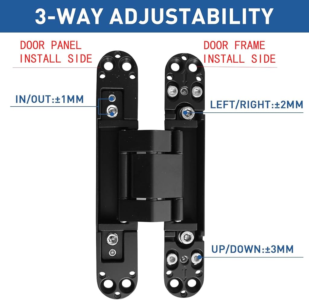 Serplex® Hidden Door Hinge, Invisible, Concealed, Secret 3-Way Adjustable Black Hinge for Doors (2 PCs)-Metallic