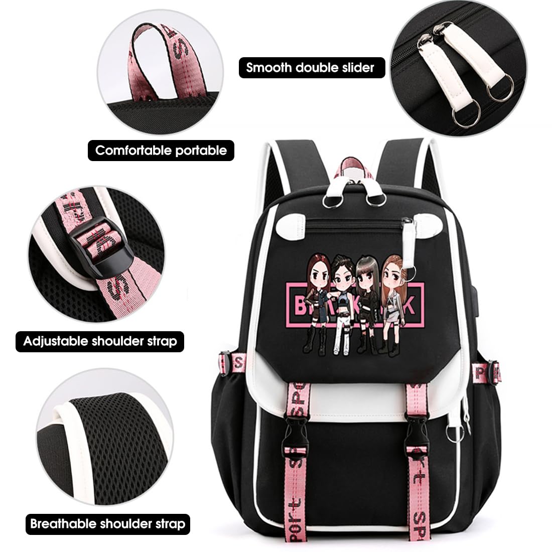 PALAY Blackpink School Backpack For Girls School Bag With Usb Charging & Headset Port Kpop Idol Print Laptop Backpack College School Bookbag For Boys