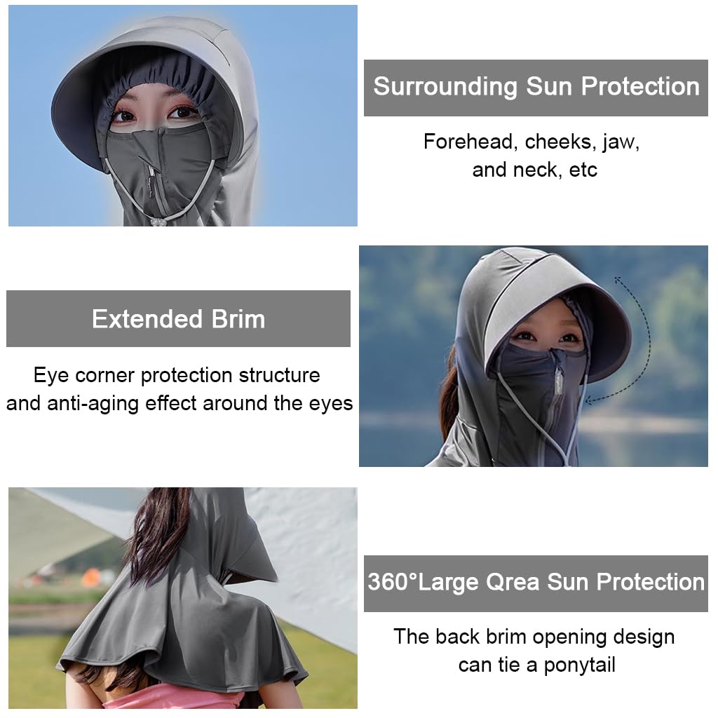 PALAY Sun Hats for Women Wide Brim Cap with Face Cover Sun Protection Scarf Cap for Women Breathable Summer Hats Lightweight Full Zip Up Visor Cap For Riding, Hiking, Travel, Beach