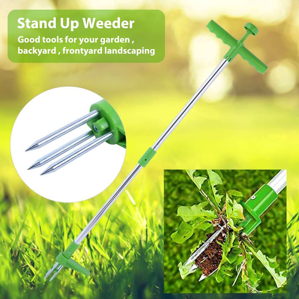 Proberos Stand Up Weeder Hand Tool, Long Handle Garden Weeding Tool Steel 3-Claws Weeder Hand Tool, Hand Weed Puller, Twist to Catch, Press to Release, Manual Weed Puller for Lawn, Garden