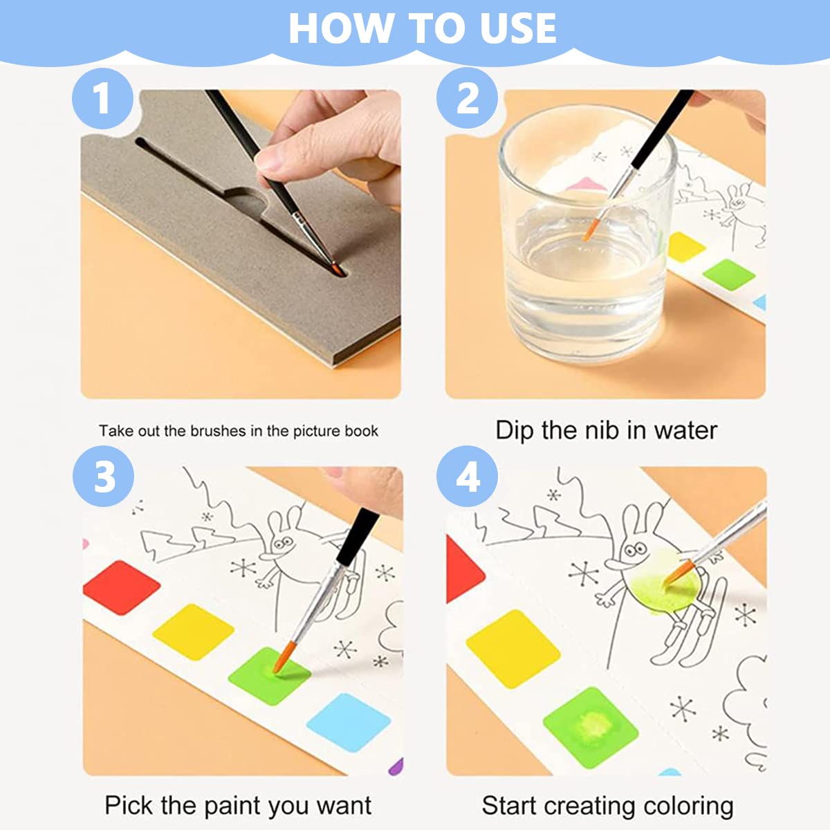 HASTHIP Magic Water Book for Kids - Frozen Elsa Princess Activity Coloring - 20 Sheets Watercolor Paint Book with 1 Brush - No Extra Paint Needed - Safe & Creative Educational Gift for 3+ Year Olds