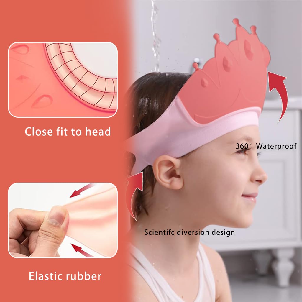 SNOWIE SOFT Baby Shower Cap Hair Brush Rinse Cup Soft Silicone Crown Cap Bath Cap Protecting Eye & Ear Adjustable Baby Shower Crown Cap Baby Shower Gifts, Pink