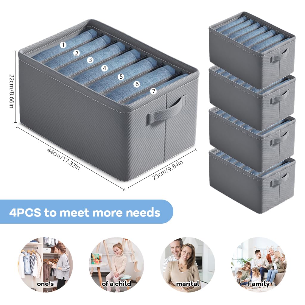 ZIBUYU 4Pcs Wardrobe Organizers 7-Compartment Wardrobe Organizer Drawer Clothes Organizer with Handle Wardrobe Organizers Clothes Storage Box for Trousers, Shirt, Pants, 44x25x22cm