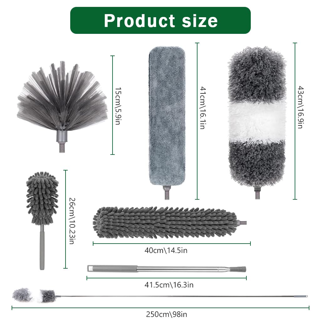 HASTHIP Microfiber Feather Duster - 6 PCS Reusable Bendable Washable Cobweb Duster with 100 inches Extra Long Extension Pole for Cleaning Ceiling Fans, High Ceilings, Blinds, Furniture & Cars