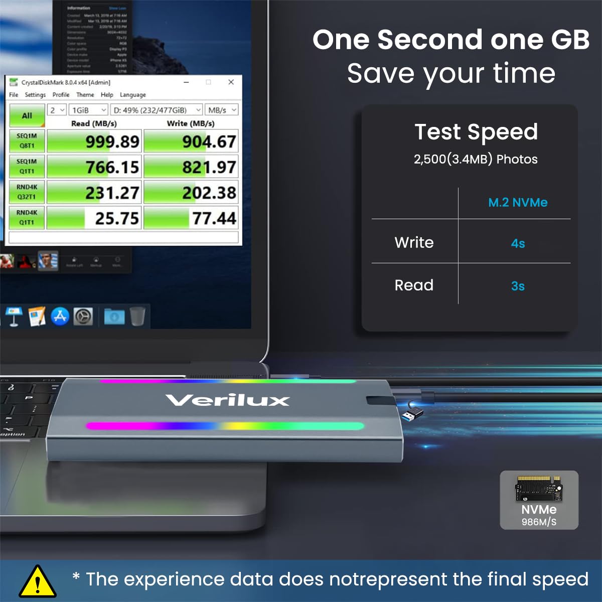 Verilux M.2 NVMe SSD Enclosure with Type C Cable, USB C External NVMe SSD Enclosure, RGB 10Gbps M.2 NVMe to USB Adapter, USB 3.2 M.2 NVMe Reader Supports M and B & M Keys, Fits 2230 2242 2260 2280