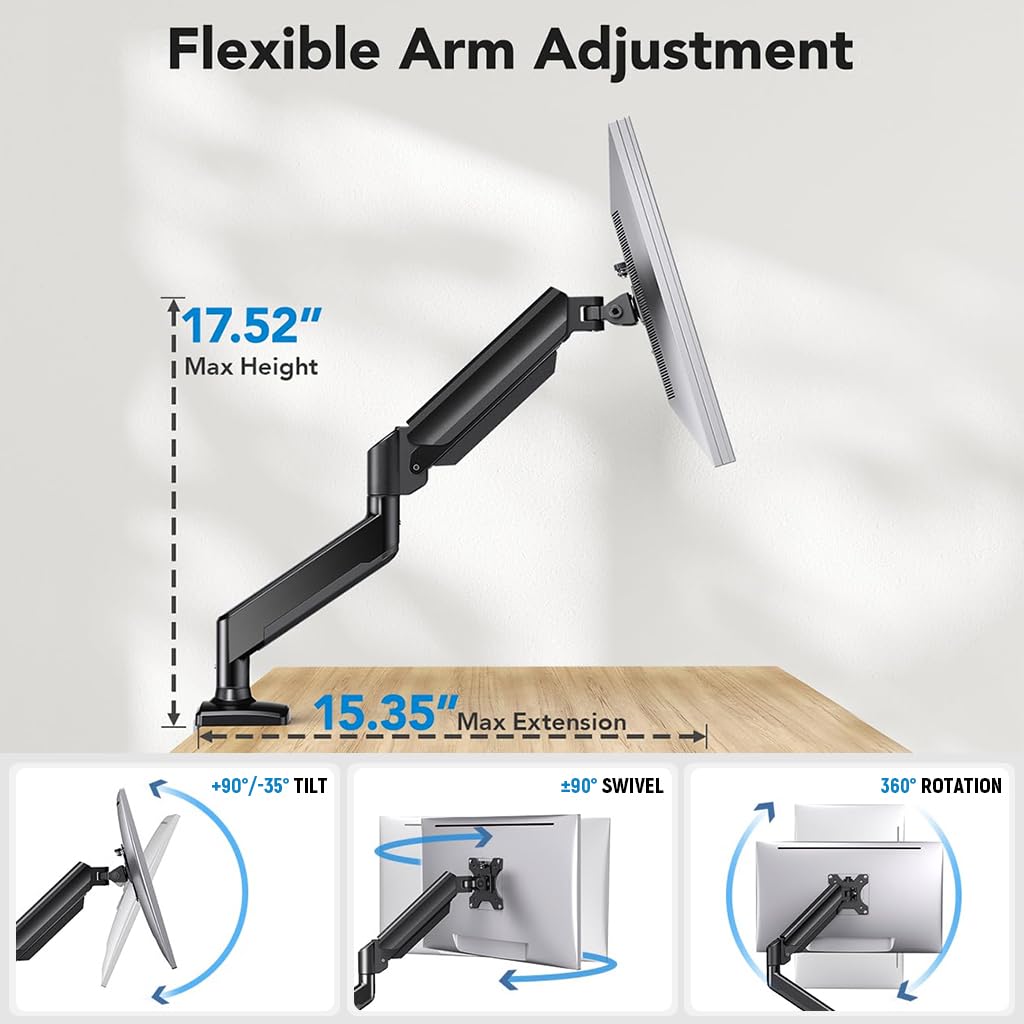 Verilux Desk Monitor Mount Aluminum Alloy Monitor Arm Desk Mount with Flexible Arm 360° Rotatable Monitor Screen Mount Screw-Mount Single Monitor Mount for 1332 Screens up to 22 lbs