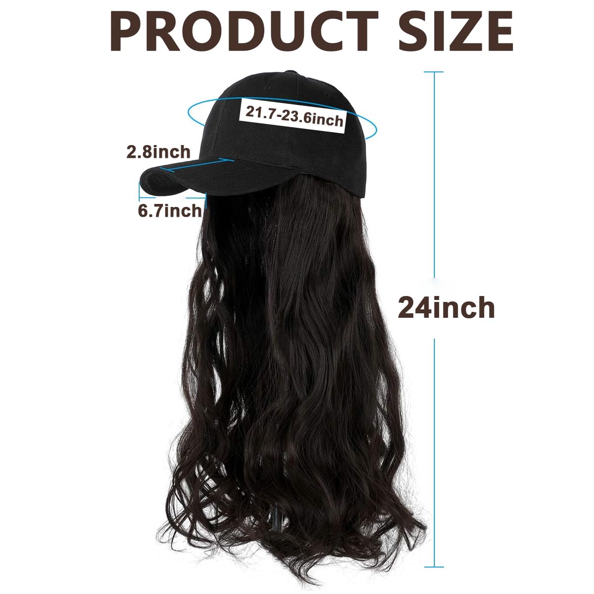 MAYCREATE Baseball Cap with Hair Extensions for Women, Adjustable Wavy Hair Wig Cap for Girls, Black K-pop Style Hat with 24in Long Synthetic Wig Attached